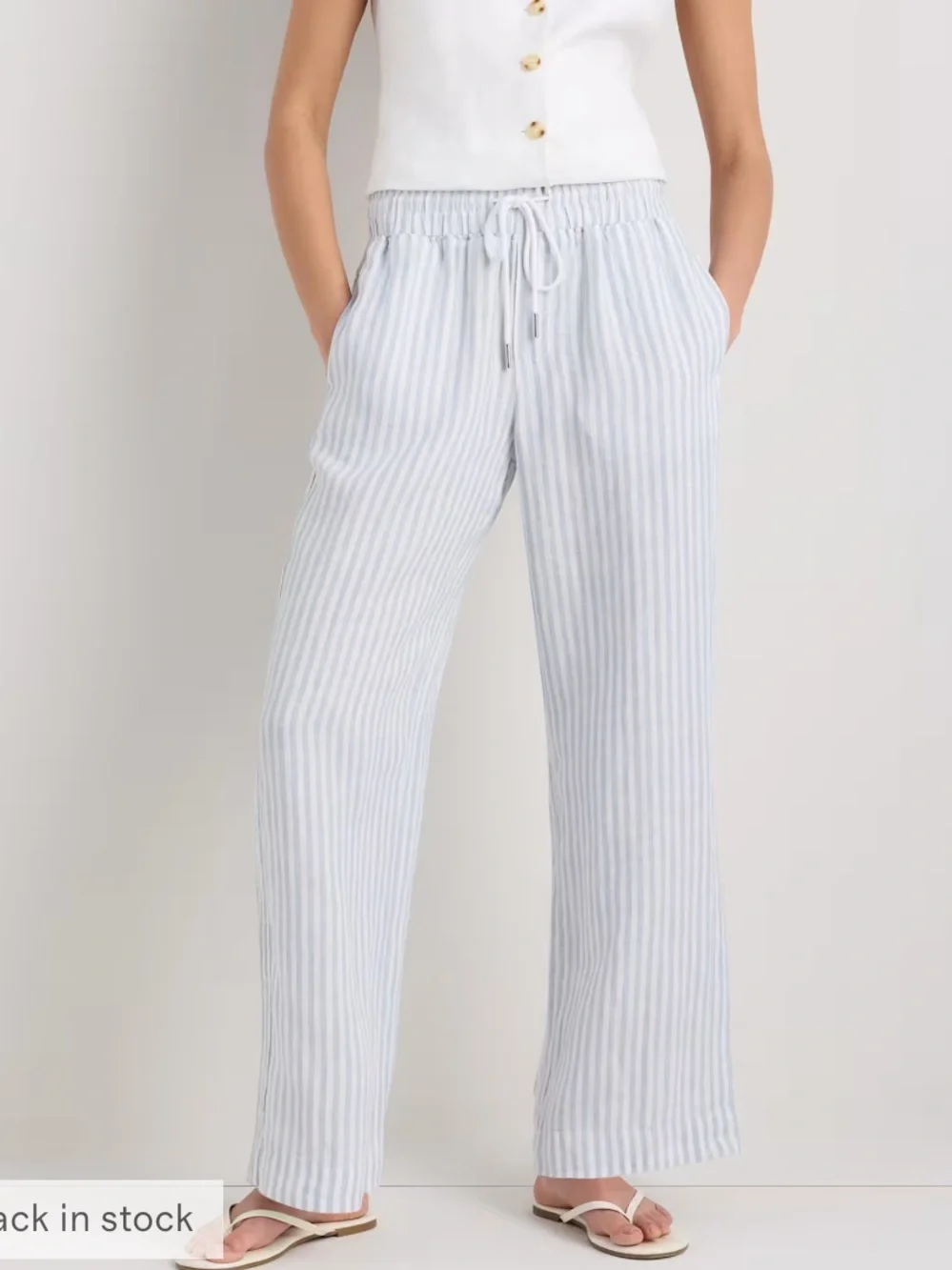 NWT Quince 100% European Linen High Rise Wide Leg Blue Stripe Pants Size Large
